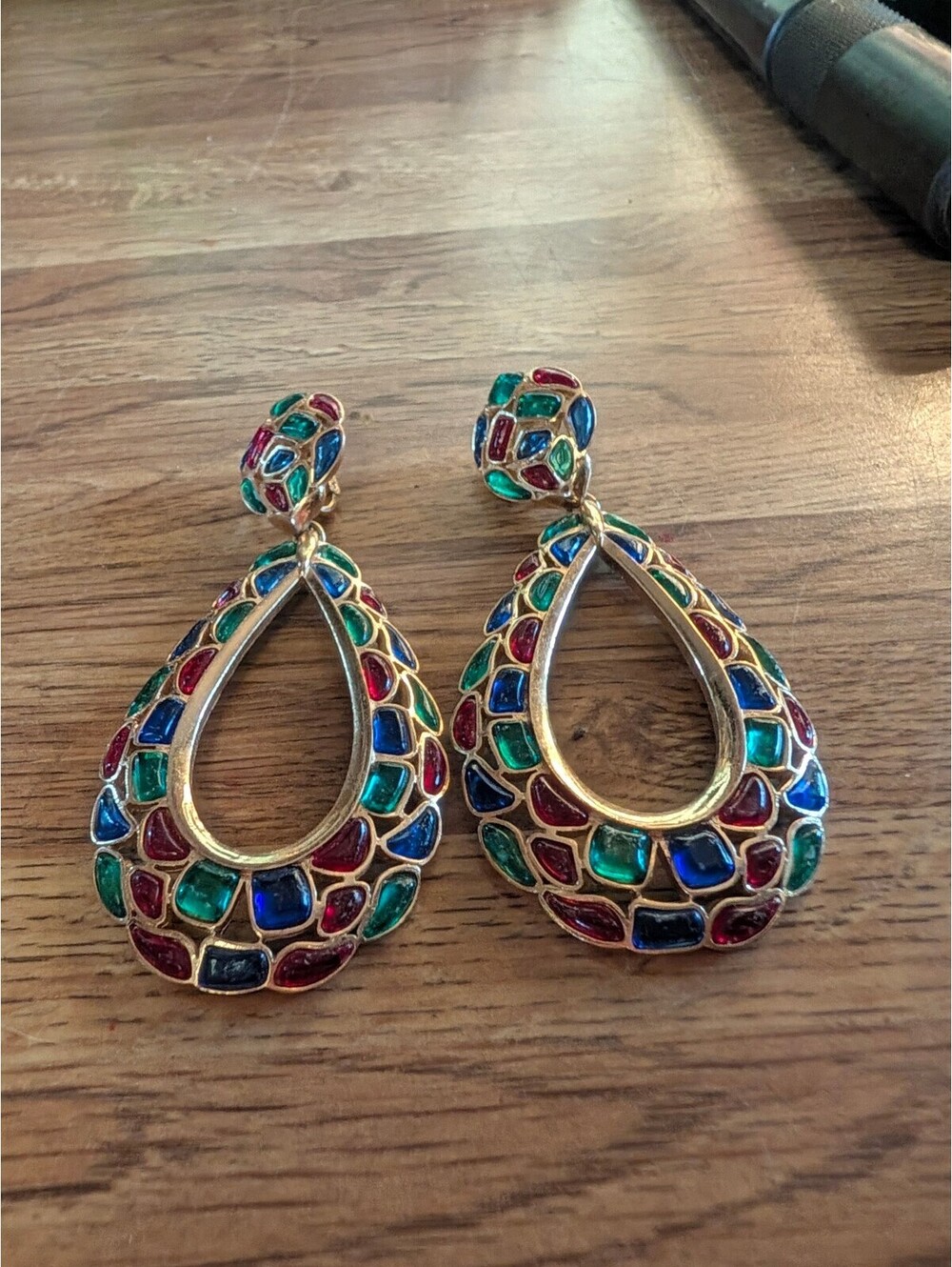 Trifari Colorful Teardrop Clip-On Earrings  Multi-Colored Stained Glass Style